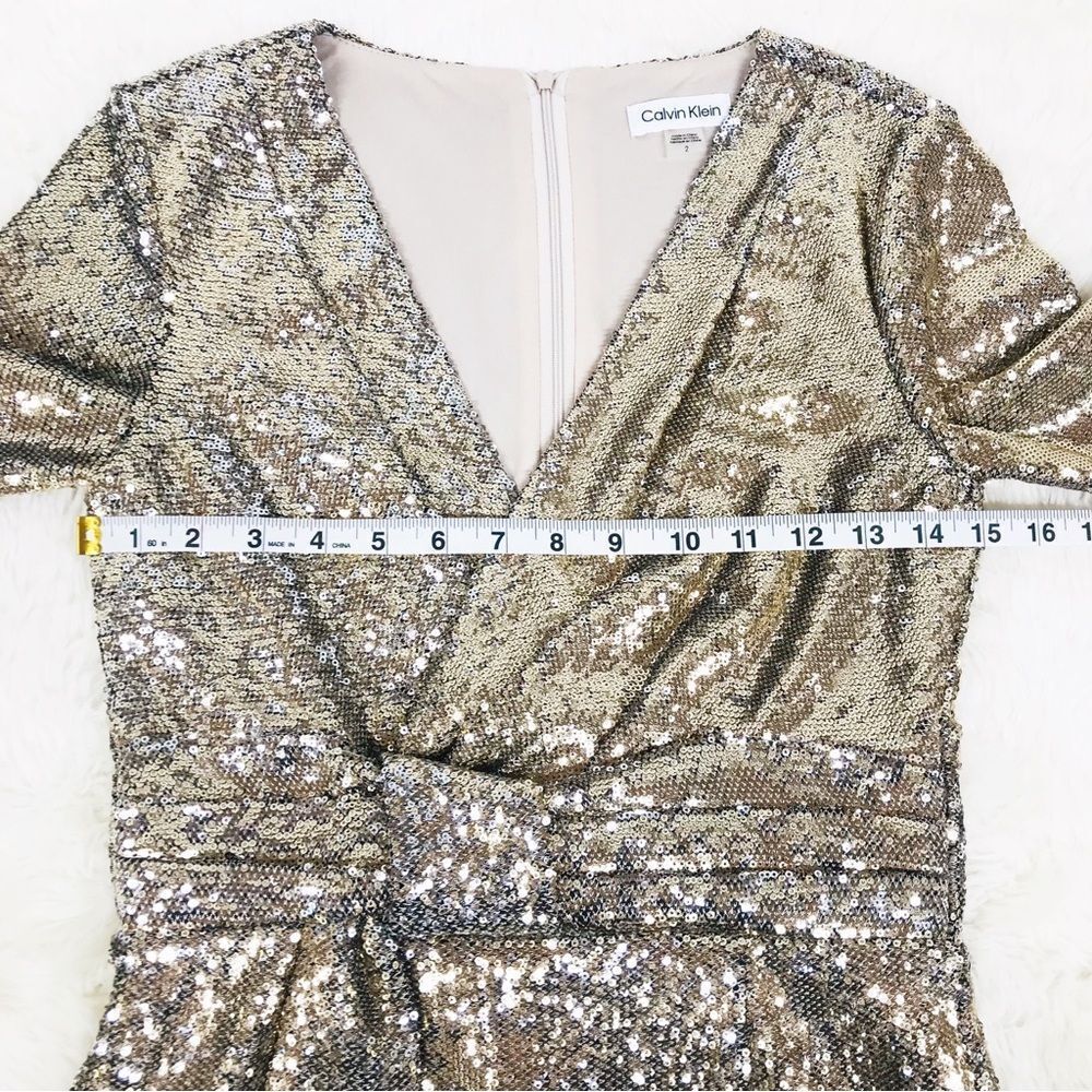 CALVIN KLEIN Gold Sequin Cocktail Dress Party Knee Length Faux Wrap Size 2 New - Picture 10 of 12